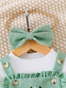 Baby Girl 3pcs Set Casual Outfit, Includes Solid Color Ribbed Splice Long Sleeve Tee Shirt, Floral Embroidery Bib Strap Pants With Pockets, And Bow Headband, Suitable For Spring & Autumn