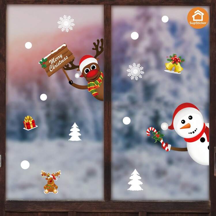 SUPSTICKER 1/2 件 12.79 * 9.33 英寸卡通圣诞雪人、驯鹿和圣诞老人元素家居装饰贴纸，双面透明 PVC 窗户贴花，自粘式，适用于客厅、卧室、厨房、商场展示，营造节日氛围 - 多色 - 查看 9