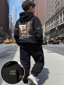 男童卡通印花保暖连帽衫和运动裤套装 - 黑色 - 查看 1