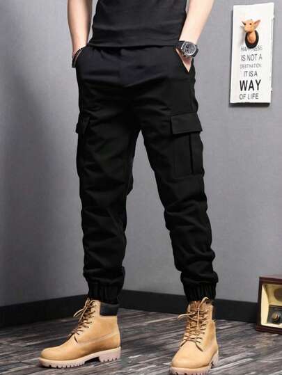 男士休闲户外工装裤，纯色踝部系带抽绳多口袋七分裤，简约百搭，弹性腰带，适合送给丈夫或男友