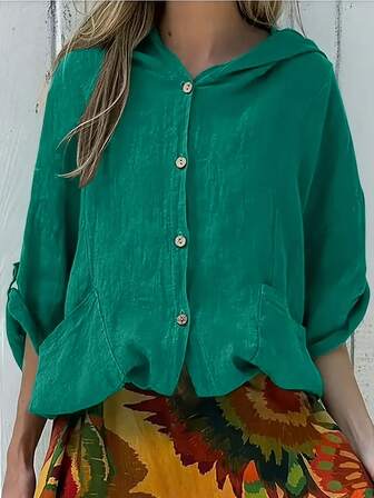 Plus Size Solid Color Shirt With Front Button Pockets, Elegant For Everyday Wear