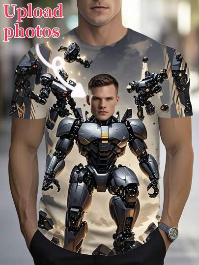 1 PC Custom Men's Sports T-Shirt, Customize Your Own Graphic Tees, Comfortable Loose Fit Men's Shirts, Customize Friends And Family Face Photo T-Shirts, Iron Mech Man Graphic Shirts, Unique Holiday Gifts, Anniversary Gifts, Personalized Men's Clothing, Gifts For Him, Sports T-Shirts, Party Clothes