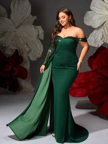 VIPGIRL Plus Size Emerald Green Off-Shoulder High Slit Sequin Evening Gown, Heavily Beaded Satin Bodycon Dress, Suitable For Curvy Women, Elegant Mermaid Formal Dress, Luxury Plus Size Party Dress - Dark Green - View 7