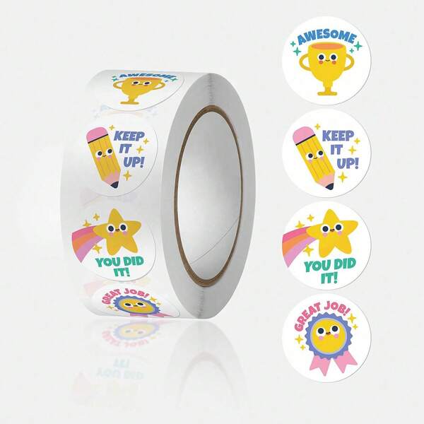500 piezas/Rollo Pegatinas motivacionales de dibujos animados en inglés, patrones de arcoíris, abeja, sol, corona, pegatinas de PVC resistentes al agua para manualidades DIY, decoración, contabilidad, recompensas de maestros escolares, pegatinas multifuncionales