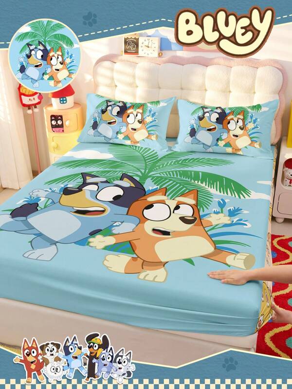 Bluey 1 Stück Cartoon Digital Bedrucktes Spannbetttuch, Bluey Bettwäsche, Matratzenschoner, Bettbezug, Betttuch, Herbstdekoration, Gemütliche Heimtextilien, atmungsaktiver und pillingfester Matratzenschoner, weich und hautfreundlich, Cos Kürbis Bingo, Cartoon Muster Bettbezug, Bluey Heimdekoration, weiche und bequeme Bettwäsche für das Schlafzimmer