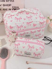 1 Bolsa de Cosméticos Grande com Estampa de Coração Rosa e Laço Acolchoada, Bolsa de Toucador Portátil com Zíper, Bolsa de Armazenamento de Maquiagem Pode Guardar Batom, Pincéis, Produtos de Cuidados com a Pele, Telefones Celulares, Moedas, Pequenos Itens, Adequada para Uso Doméstico, Viagem, Cruzeiro, Férias e Escola, Presentes de Dama de Honra de Casamento, Presentes de Aniversário, Presentes de Festival, Essenciais de Outono Universitários, Bolsa de Viagem de Férias para Mulheres, Bolsa de Maquiagem, Organizador de Maquiagem