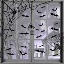 Set de 48 pegatinas de murciélagos 3D de PVC negro - Suministros para fiestas de Halloween, pegatinas de murciélagos de terror adhesivas, adecuadas para decoración del hogar, bar, dormitorio - Decoración de fiesta, decoración de jubilación, decoración de Halloween