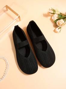 2025年秋季女士四季针织玛丽珍平底鞋，纯色一脚蹬圆头鞋，织物鞋面和衬里，橡胶鞋底，可机洗 - 黑色 - 查看 9