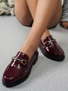 Women's Burgundy Versatile Loafers, New Spring/Autumn Soft PU Leather Round Toe Flats, Plus Size, British Style Work/Commute Casual Shoes