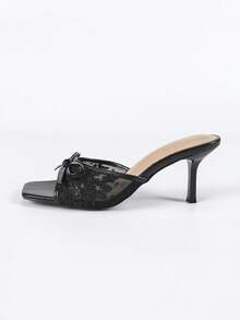 Women's Fashion European And American British Style Sexy Round Toe Bowknot Comfortable Simple Color Matching High Gloss Baked Lacquer Thin Square Heel Mid-Heel Slip-On Mules Slouchy Slip-On Lightweight Black Lace Material Casual Shoes Versatile Commuting Elegant Sandals Slippers Charming Fabric Breathable Summer Autumn - Black - View 6