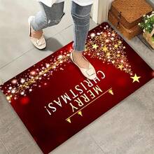 1pc Merry Christmas Indoor Door Mat Floor Mats For Home RV, Front Door Rugs Non-Slip Super Absorbent Mat, Red Black Golden Christmas Tree And Stars