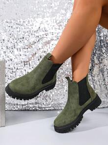 Fall/Winter 1 Pair Solid Color Preppy Style Casual Party Wedding Fine Velvet Women Ankle Boots, Suitable For Outdoor, Office, Party, Holiday, Wedding, Winter - Green - View 3