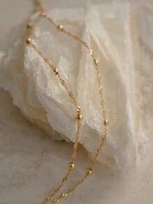 Nooxian 1pc Double Layer Anklet Jewelry For Women, Stainless Steel Beaded Wavy Chain, Waterproof Beach Vacation Everyday Accessory (Bead Quantity Random)