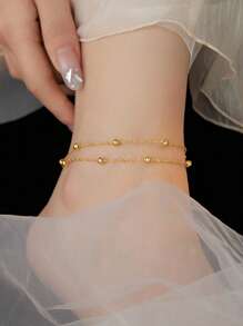 Nooxian 1pc Double Layer Anklet Jewelry For Women, Stainless Steel Beaded Wavy Chain, Waterproof Beach Vacation Everyday Accessory (Bead Quantity Random)