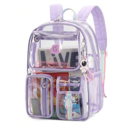 Clear PVC Backpack For School – Heavy Duty Transparent Bookbag With Front Pocket And Keychain