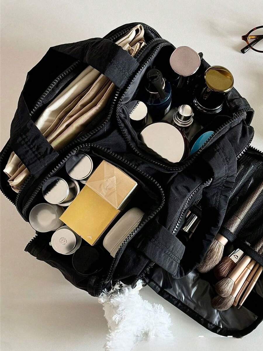 大容量轻便收纳包，多口袋女士化妆包，多功能旅行包，拉链封口，适合旅行和度假 - 黑色 - 查看 1