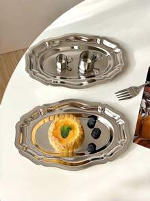 1pc Vintage French Stainless Steel Oval Tray, Retro Floral Oval Plate, Dessert Dish Tableware