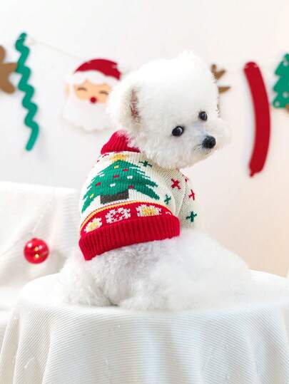 1 件宠物服装，适合小型犬幼犬的狗猫服装，可爱快乐小狗小猫服装，小型犬衣服，温暖舒适的绿色圣诞树毛衣，适合秋冬季