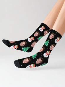 1 Pair Of Custom Face Socks, Custom Photo Socks, Custom Printed Socks, Print Any Face On Socks, Anniversary Gift, Halloween Gift, Christmas Gift, Gift For Friends, Whimsical Gift For Family, Women's Mid-Calf Socks, Men's Socks. - Multicolor - View 3