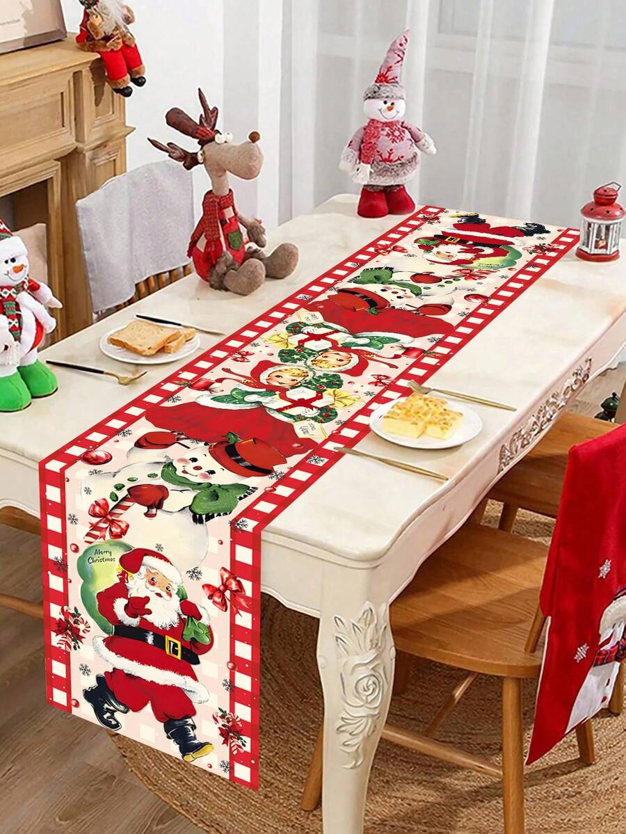 1pc Christmas Theme Tablecloth, 35x180cm, Vintage Style Pattern Design With Santa Claus & Snowman Motif, Suitable For Christmas Dining Room & Living Room Decor, Family Gathering, Winter Textile.