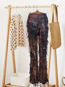 Women Tie Dye Tassel High Wasit Bell Bottom Pants Distressed Leggings Pants Casual  Bootcut Trousers For Streetwear - 鏽棕色 - 查看 6