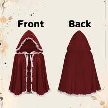 酒红色天鹅绒蕾丝白边连帽天鹅绒披肩 女士披肩 圣诞节角色扮演派对精美披肩 - 酒紅色蕾絲花邊 - 查看 3