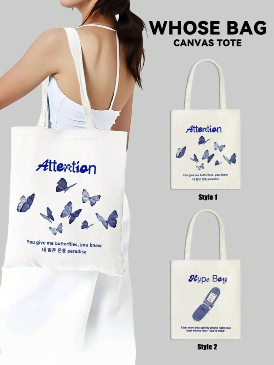 Kpop 偶像 -Attention-蓝蝴蝶元素、NJZ、Hanni、Danielle、Haerin、Hyein 成员手提包、手提包、女士手提包、可重复使用购物袋、可折叠大容量休闲购物袋、NJZ 组合 Kpop 商品、“BNZ”礼品