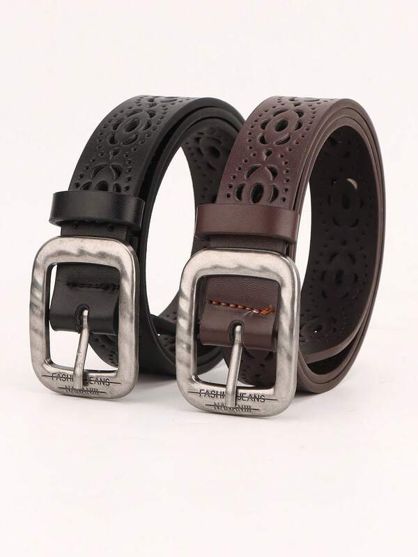 2Pcs WomenFashion Hollow-Out PU Leather Belt With Silver-Tone Rectangle Buckle For Jeans & Casual Wear, Mother's Day Gift
