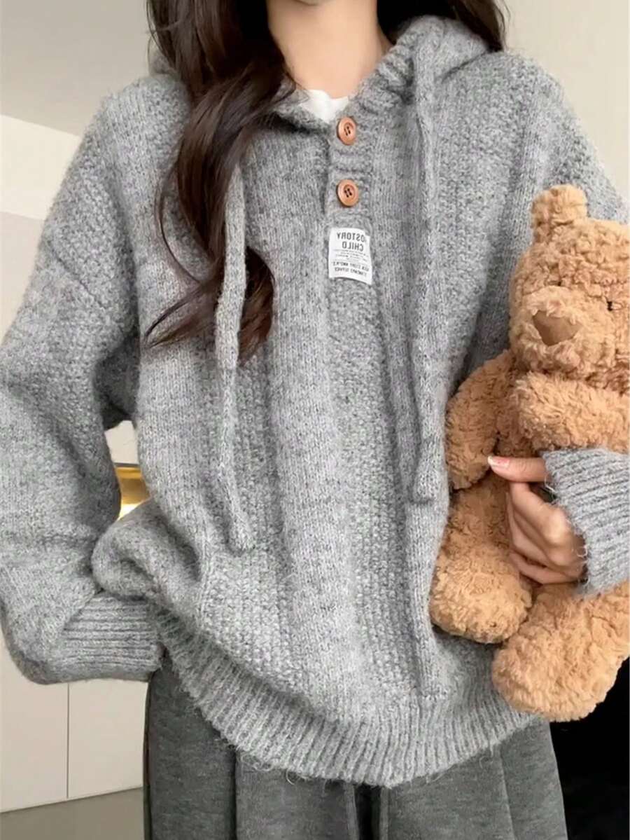 Womens Hooded Sweater Autumn Winter 2025 New Comfortable Loose Fit Lazy Style Soft Knit Pullover Ribbed Top Beige And Grey Casual Knitted Shirt Fashion Sweater Outwear For Women, Long Sleeve Tops