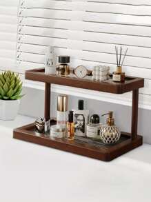 Two-Tier Bamboo Countertop Storage Rack - Easy To Assemble, With A Transparent Acrylic Base, An Elegant Storage Rack For Cosmetics, Perfumes, And Skincare Products, Suitable For Kitchen And Dining Room Storage, Can Hold Mugs And Water Cups - Natural Bamboo Surface, Space-Saving Home Decor And Countertop Storage Rack - Walnut - View 2