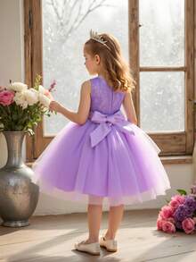 Váy midi không tay thêu ren trắng thanh lịch cho bé gái, thích hợp cho bé gái rải hoa, đám cưới, tiệc tùng, sinh nhật, múa ba lê - Màu tím hoa cà - Xem 3