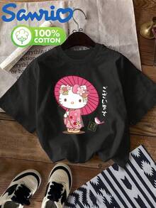 SANRIO HELLO KITTY Women's Short-Sleeved Crew Neck Casual T-Shirt With HELLO KITTY Print. Made Of Pure Cotton. Machine Washable. Suitable For All Seasons. Summer Wear. Fun, Sexy, Avant-Garde And Personalized Design. Opaque Fabric. - 黑色 - 查看 1