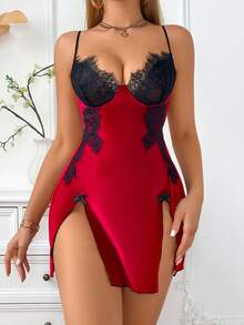 全新天鹅绒设计蕾丝拼布开衩性感内衣吊带睡衣 - 酒紅色 - 查看 4