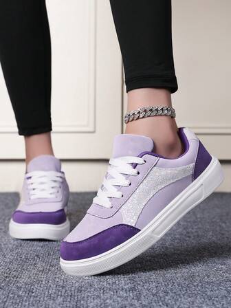 Women's Casual Sports Shoes, Fashion Sneakers, Flat Lace-Up Trainers, Color Block Comfortable Breathable Walking Shoes, Suitable For All Seasons