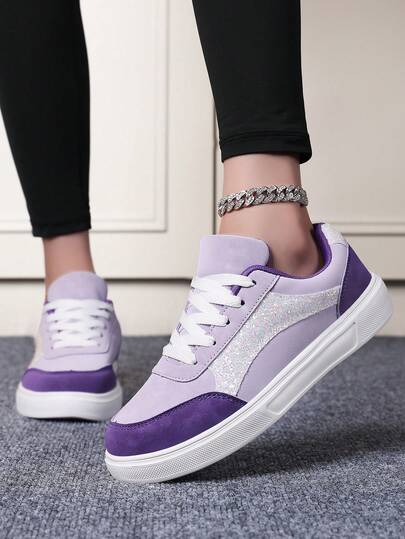 Women's Casual Sports Shoes, Fashion Sneakers, Flat Lace-Up Trainers, Color Block Comfortable Breathable Walking Shoes, Suitable For All Seasons