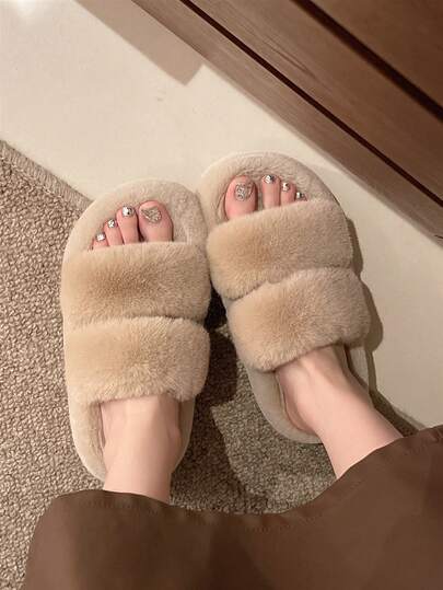 女款冬季新款厚底毛絨拖鞋，戶外穿著，秋季新款仙女風鬆弛感增高室內居家拖鞋，春秋辦公拖鞋