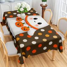 1pc Halloween Ghost Pumpkin Polka Dot Digital Print Tablecloth, Rectangular Durable Polyester Fabric, Suitable For Home, Kitchen, Garden, Holiday Parties, Weddings, Restaurants And Banquets, Autumn Wedding Decor