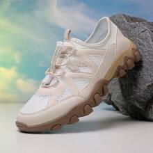 New Men's Casual Sports Shoes, Breathable Hiking Shoes, Non-Slip Durable Outdoor Shoes, Solid Color Sports Lace-Up Mesh Patchwork