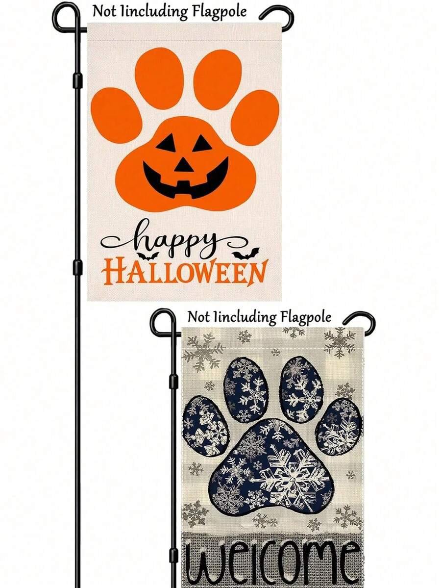 1 Set (2Pcs) Charming Snowflake Paw & Buffalo Plaid Welcome Garden Flag And Happy Paw Garden Flag - Orange Paw Print & Jack-O-Lantern Design, 12x18inch, Polyester, Double-Sided Waterproof, Perfect For Fall/Winter & Holiday Decor, Outdoor Yard & Lawn Decor, Multi-Purpose Home Decor Christmas Decorations Room Decor