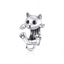 WOSTU WOSTU 1 buc 925 Sterling Silver Cat Beads Cat Black Cat Drăguț Kitty Animals Pendant Pink Heart Shape CZ Charms Pentru Brățară DIY Colier Fine Jewelry Accessories