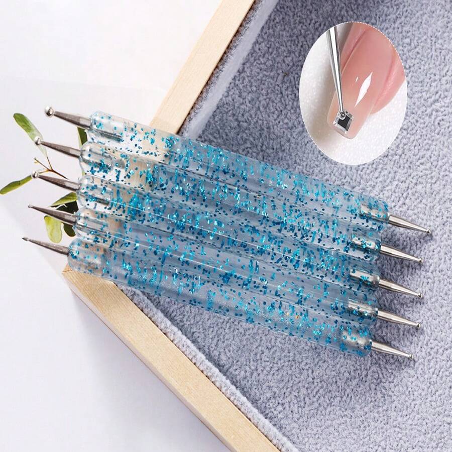 5件套美甲工具,点钻笔两用点钻笔,美甲彩绘笔,美甲沙龙必备套装 - 淺藍色 - 查看 1