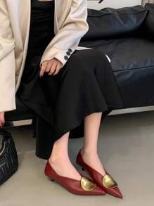 Fall/Winter 2025 Summer New Metal Buckle Pointed Toe Thin Heel Mid-Heel Mule Sandals For Women, Closed Toe Slip-On,Elegant - Burgundy - View 2