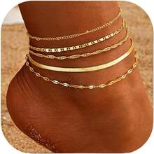 Gold Ankle Bracelets For Women, 14k Gold Plated Waterproof Cuban Link Chain Anklets Set, Layered Anklet Bracelets For Women Beach Gift Adjustable Size 5pc - Style03-金色 - 查看 2