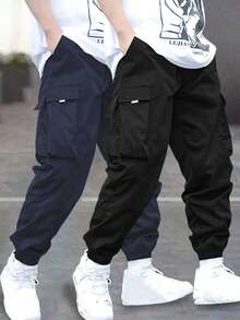 2pcs/Set Teen Boys Casual Multi-Pocket Drawstring Waist Pants, Suitable For Spring, Summer, Autumn, Winter - Black - View 1