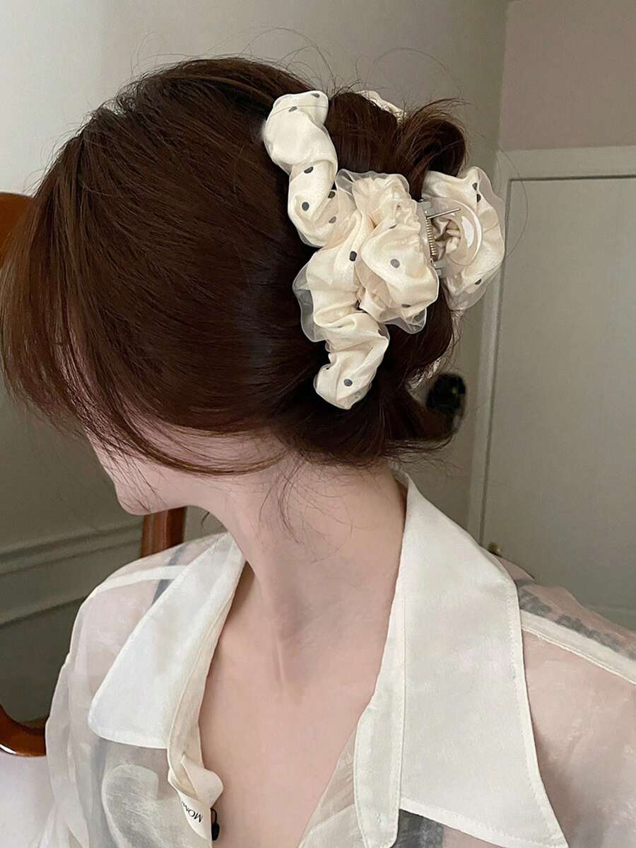 1个优雅波点褶皱网纱发夹，时尚发爪，适合女士，春夏发饰，时尚发爪夹，秋季配饰，秋季发饰，冬季配饰，适合度假装扮，女士海滩度假必备 - 彩色 - 查看 1