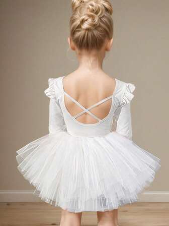 Leotardo de danza con falda de tul abombada, manga larga y decoración de strass para niña