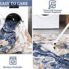 Tapis lavables pour le salon, tapis abstrait moderne pour la chambre, tapis abstrait en marbre, tapis doux à poils ras lavable en machine pour salle à manger et salle de jeux - Bleu azur - Voir 6