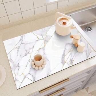 1 Stück Küchen-Arbeitsplatte-Matte mit Marmordruck, Abtropfmatte, Kaffee-Bar-Matte, weiche Gummiunterseite rutschfest und hitzebeständig, hochabsorbierend und langanhaltend, Geschirrtrocknungsmatte, geeignet für Küche, Esszimmer, Terrassenmöbel, Küchenutensilien