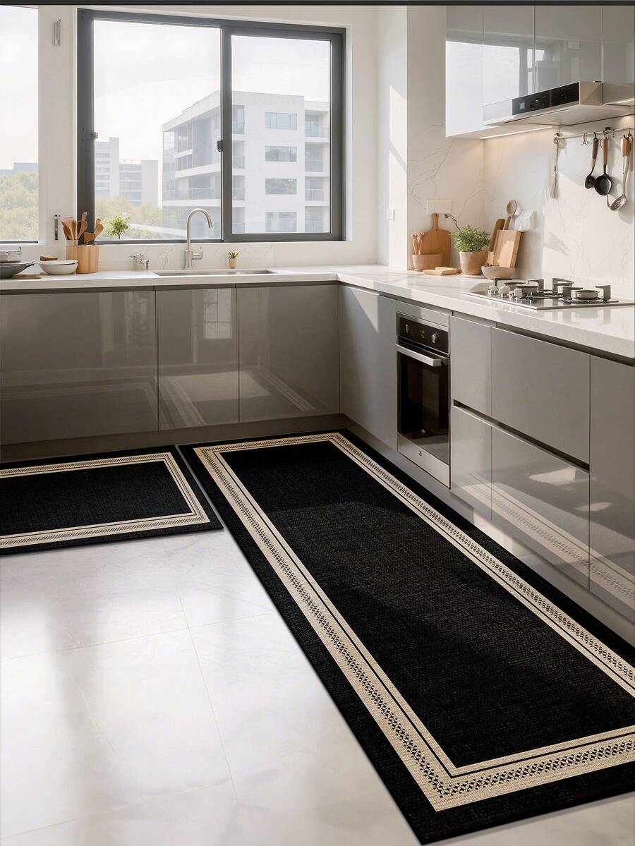 1pc Black Minimalist Pattern Kitchen Mat, Beige Trim, Non-Slip, Suitable For Room Decor, Living Room, Bathroom, Bedroom Carpet, Doormat, Area Rug And Outdoor Rug. Made Of Polyester Fiber, Easy To Clean, Machine Washable, Suitable For All Seasons And Holidays. - Black - View 1