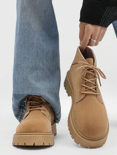 Fashion Round Toe High-Top Men's Boots, Thick Sole Increase Height Durable Work Boots, Retro Plus Size Ankle Boots For Men, Winter Outdoor